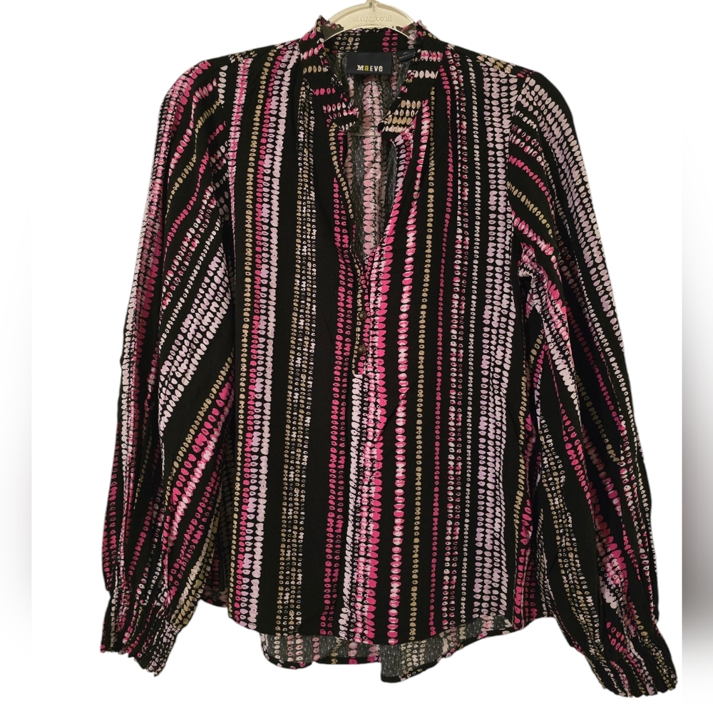 Maeve Size Small Black & Multi Viscose Half Button Standing Collar Top